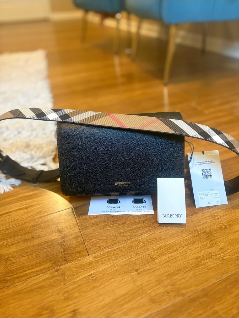 Burberry Black Leather & Vintage Check Shoulder Bag with Red Accents
